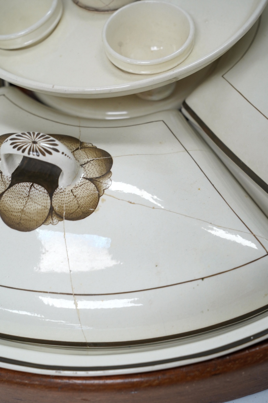 A late 18th century creamware breakfast set, fitted within later mahogany tray, 52cm handle to handle. Condition - some damage
